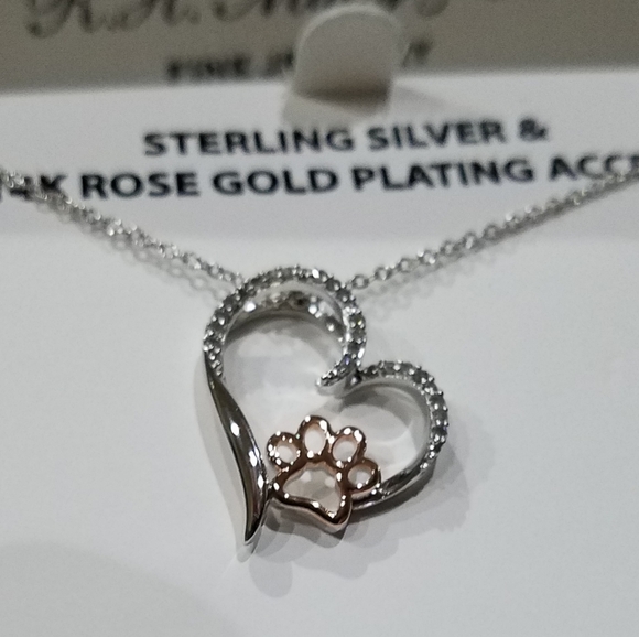 Sterling Silver Necklace Diamond Encrusted Heart & 14k Rose Gold Paw Pendant NWT - Picture 15 of 16